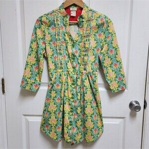 Matilda Jane Shirt Dress M Yellow Multicolor Floral Button Pintuck 3/4 Flip Cuff